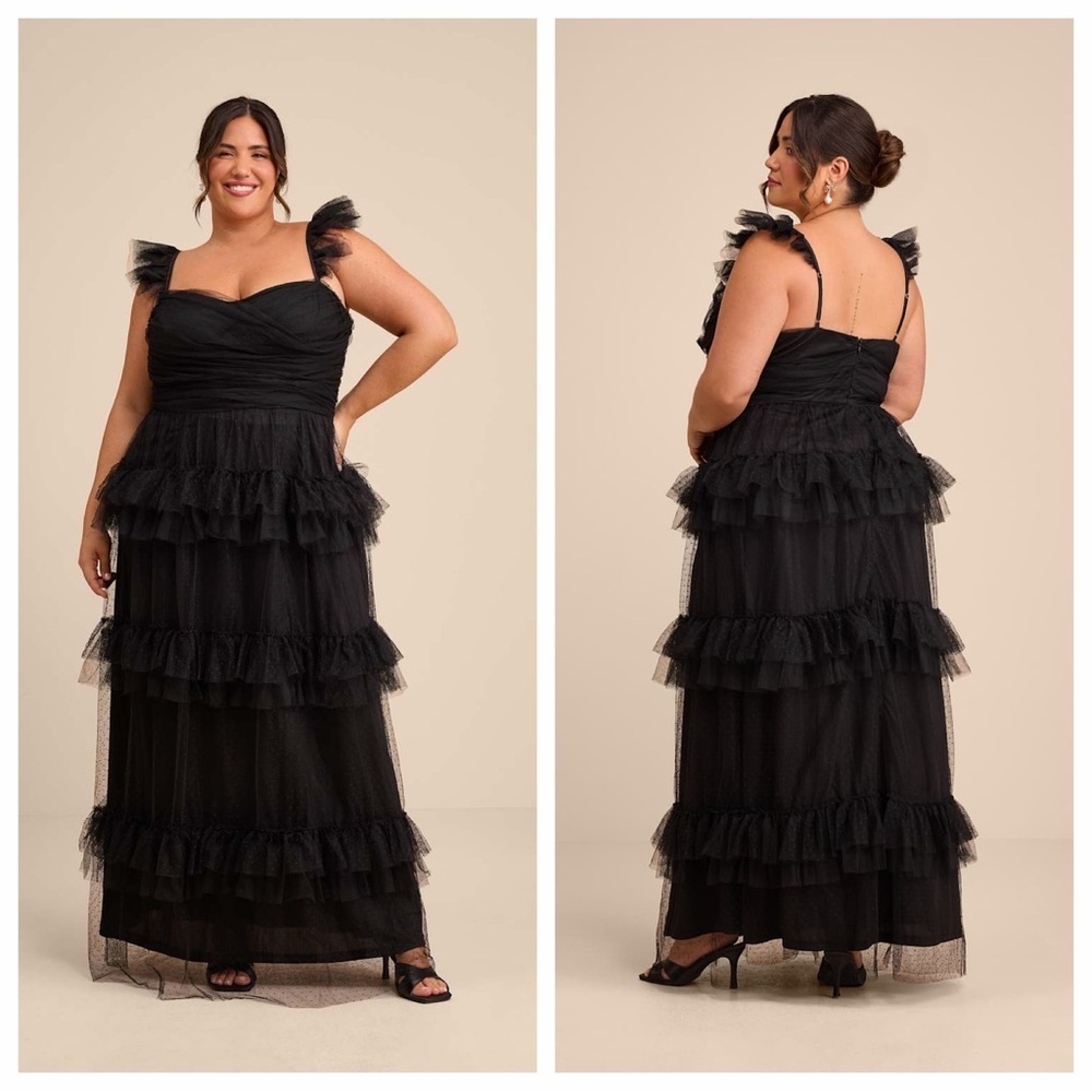 Lulu's Pure Radiance Black Mesh Swiss Dot Tiered Maxi Dress